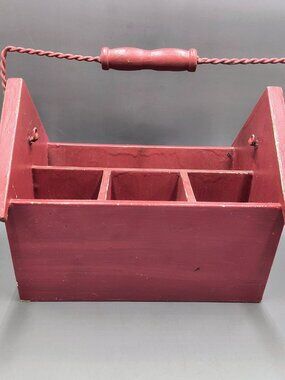 Primitive Barn Red Wooden Divided Tool Kitchen Caddy Tote 4-Compartment w Handle